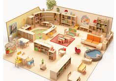 a model of a living room with furniture and bookshelves on the floor,