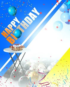 a birthday card with balloons and confetti on a table in the foreground