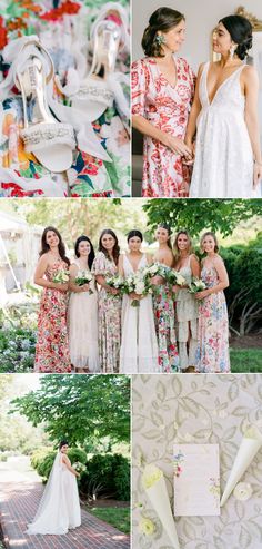 the bride and her bridal party are all dressed up in floral print gowns