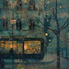 an oil painting of a store front at night