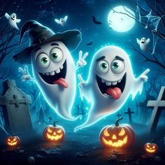 two cartoon ghost characters standing in front of tombstones