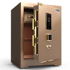 a gold safe with the door open on a white background