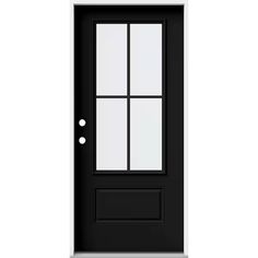 a black door with three panes on the front and side panels, all in one