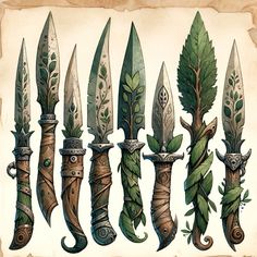 a bunch of different types of knives with leaves on them