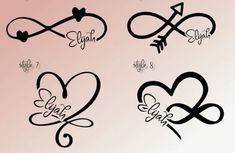 four different types of hearts and arrows with the word love written in each other's letters