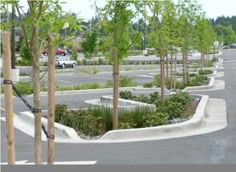 an empty parking lot with trees and plants in the center, surrounded by concrete planters