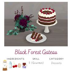 an image of a black forest gateau with flowers and cake on the plate next to it