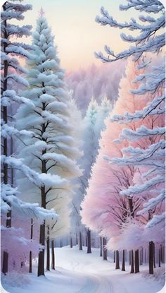 a painting of snow covered trees in the middle of a snowy forest with pink and blue colors