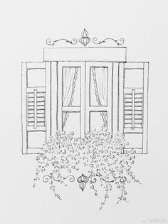 a drawing of an open window with shutters on the outside and flowers in front