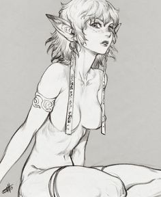 a pencil drawing of a naked elf sitting on the ground