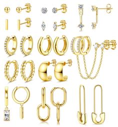 PRICES MAY VARY. Gold Earrings Set: This Earrings Set Comes with 13 Pairs Variety Stud and Huggie Earrings, Which is Rich in Styles. Including Twisted Earrings, Cubic Zirconia Earrings, Chain Earrings, Chunky Hoop Earrings and More. These stacked earrings offer a unique and eye-catching look that you can wear either alone or together, even mix and match them with other earrings to meet your different wearing needs 14K Gold Earrings: The Surface of this Hypoallergenic Earrings is Plated with 14K Gold Earring Set, Twisted Earrings, Second Hole Earrings, Earring Pack, Sensitive Ears Earrings, Gold Huggie Hoop Earrings, Dainty Gold Earrings, Small Gold Hoop Earrings, Earrings Sets