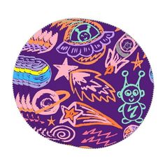 a purple plate with colorful drawings on it