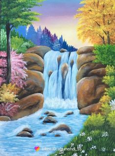 a painting of a waterfall with trees and rocks in the foreground, surrounded by flowers