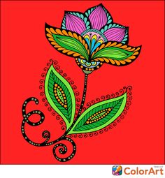 a red flower with green leaves on a pink background