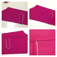 four pictures showing how to make a paper clip holder for a dress or top piece