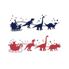 the silhouettes of dinosaurs are shown in red, white and blue with sleigh