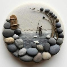 there is a rock art with a man fishing on the water and rocks around it