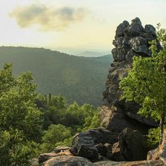 there is a large rock formation on the side of this mountain with trees growing out of it