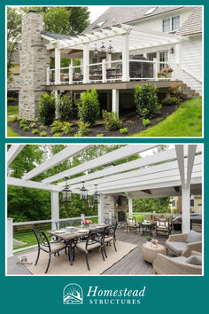 an outdoor living area with patio furniture and pergolated cover over the dining table