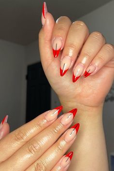 These gorgeous red French tip nails are a CLASSIC. Whether you want minimal red French or long extra french manicure, we've got something here for you French Tips With Black, Medium Stiletto Nails, French Wedding Nails