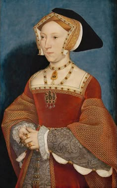 an old painting of a woman wearing a red dress and black hat with gold trim