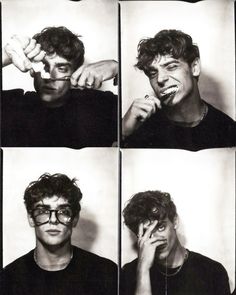 four black and white photos of a man brushing his teeth with different angles to the side