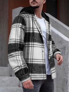 Black and White Preppy Collar Long Sleeve Knitted Fabric Plaid Overshirt Embellished Non-Stretch  Men Outerwear Overshirt Men, Men Plus Size, Hooded Shirt, Printed Drawstring, Hooded Coat, Mens Outerwear, Shirt Pattern, Mens Tees