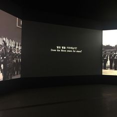 two black and white photographs on display in a dark room with words written below them