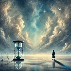 a man standing next to an hourglass in the middle of a desert under a cloudy sky