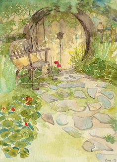 a watercolor painting of a garden with a bench