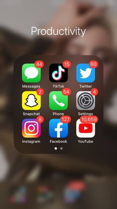 an iphone screen with icons on it and the text productivity above it in white