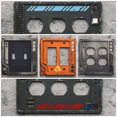 four different types of electronic parts are shown in this collage, each with an orange and blue logo