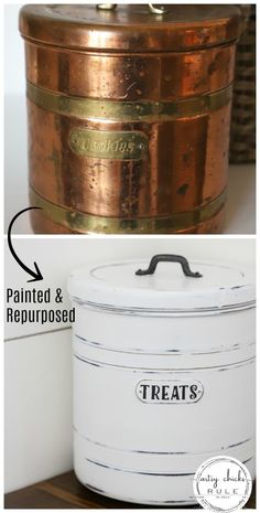 an old metal canister is transformed into a decorative storage container with gold trimming