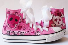 Custom Painted Pink Chucks with a Skullie Girl Goth Design. with Rhinestone crystals, These are one of my top selling Custom Sneakers, Converse Hi Tops designs. I can do these in a number of color combinations and can tweak the design custom for you! What a FUNKY shoe! Complete with crystal bling! No Two shoes are ever alike. So your shoes will be OOAK to a T. The possibilities are endless! This listing is for women sizes. I can do them in children sizes as well, please contact me for details as Converse For Girls, Painted Converse High Tops, Hot Pink Converse, Pink Chucks, Painted Converse, High Top Chucks, Girl Skull, Painted Sneakers, Style Converse