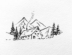 an ink drawing of a house in the mountains