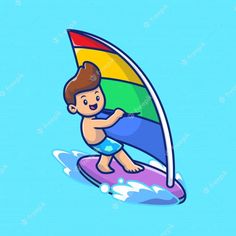 a man riding a surfboard on top of a wave in the ocean with a rainbow colored sail