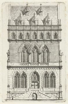 an old drawing of a building with many windows