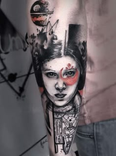 a woman's face with red eyes and black ink on the arm, by tattoo artist