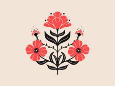 red flowers on a beige background with black leaves and dots in the center is an illustration