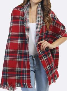 Toast any season with this cozy classic - Reversible Tartan Fringe Shawl in two colors: red and green. Super soft, practical and comfortable - slip on one on-the-go, in the office and over your favorite tee, sweater, jacket or coat. Add a holiday flavor with this classic tartan piece. 76" L X 22" W Soft and cozy feel Tartan Blanket Scarf, Knitting Christmas, Bohemian Scarves, Cozy Shawl, Plaid Shawl, Tartan Blanket, Fringe Shawl, Tartan Scarf, Stylish Scarves