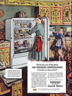 an old advertisement for refrigerators with two girls looking in the fridge and another girl standing next to it