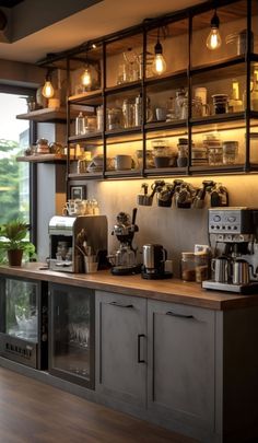 a coffee bar with lots of pots and pans on the shelves, along with other items