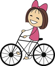 a cartoon girl riding a bike with a pink bow on it's head and smiling