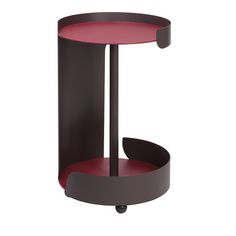 a red and black table with wheels on it