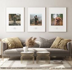 a living room with three pictures hanging on the wall