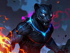 a black panther with glowing blue and red lights on it's chest, running through flames