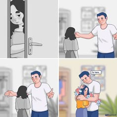 two cartoon scenes showing a man holding a baby in his arms, and the woman giving him a hug