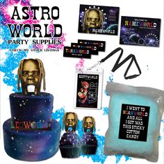 an advertisement for astro world party supplies including a cake, cupcakes and other items