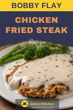 chicken fried steak with gravy and broccoli on the side is shown