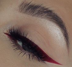 Wine Red Makeup Look Simple, Red And Black Make Up Look, Red Makeup Looks For Hooded Eyes, Red N Black Makeup, Red And Black Concert Makeup, Simple Red And Black Eyeshadow Looks, Makeup Looks With A Red Dress, Simple Red Eyeliner Looks, Fun Red Makeup Looks